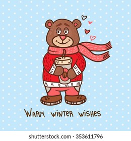 Cute Illustration Of Christmas Teddy Bear, for xmas design. Funny background.