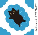 Cute illustration of a chubby black cat with big yellow eyes lying on a blue cloud. Flat vector character design for animal lovers, children