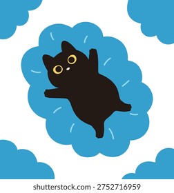 Cute illustration of a chubby black cat with big yellow eyes lying on a blue cloud. Flat vector character design for animal lovers, children's books, and creative stickers.