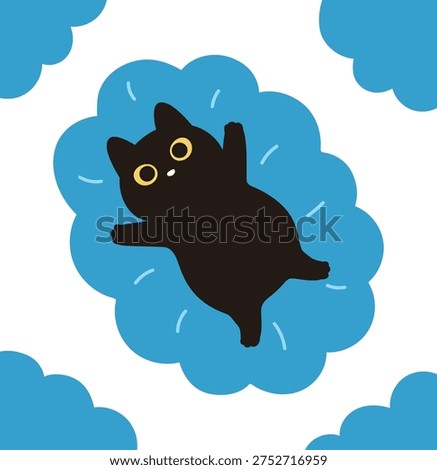 Cute illustration of a chubby black cat with big yellow eyes lying on a blue cloud. Flat vector character design for animal lovers, children's books, and creative stickers.