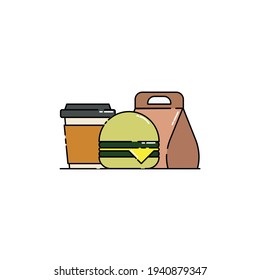 Cute Illustration of coffee, cheese burger, and its package. modern simple food vector icon, flat graphic symbol in trendy flat design style.