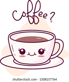 Cute Illustration Of Coffee Cup - Kawai Coffee Cup T Shirt Art Big Eyes Long Lashes Cute Girly