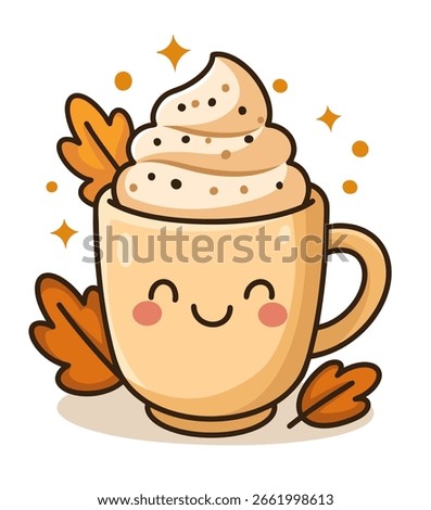 Cute illustration of a coffee cup with whipped cream and autumn leaves. Perfect for fall or cozy beverage-related projects, especially for kids’ content or seasonal designs.