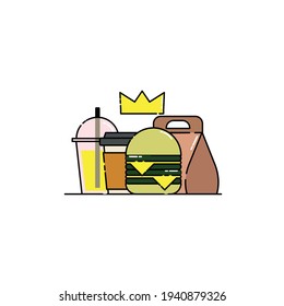 Cute Illustration of coffee, double layered cheese burger, soft drink, and package with crown icon. modern simple food vector icon, flat graphic symbol in trendy flat design style.