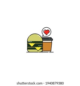 Cute Illustration of coffee and double layered cheese burger with love icon. modern simple food vector icon, flat graphic symbol in trendy flat design style.