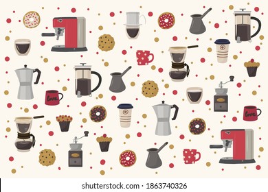 Cute illustration of coffee drinks with desserts. Hand-drawn pattern for kitchen or restaurant textiles. Hand-drawn flat mugs, vessels and sweets: cappuccino, morning, latte, espresso, black