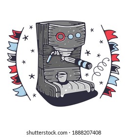 Cute illustration with a coffee maker. Isolated on a white background. Vector doodle illustrations.