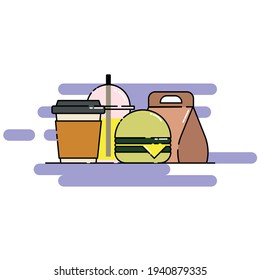 Cute Illustration of coffee, soft drink, cheese burger, and package. modern simple food vector icon, flat graphic symbol in trendy flat design style.