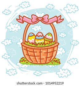 Cute illustration with colored eggs in basket for Easter day celebration on background with blue clouds. Happy Easter. Hand drawn art in cartoon style for decoration, print, card
