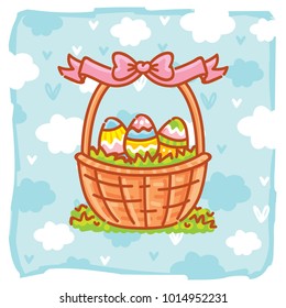 Cute illustration with colored eggs in basket for Easter day celebration on background with blue clouds. Happy Easter. Hand drawn art in cartoon style for decoration, print, card