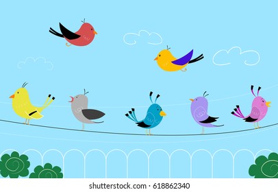 Cute illustration of colorful birds sitting on wires. Vector