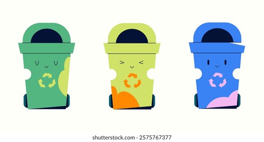 Cute illustration of colorful recycling bins with happy faces. Promoting waste separation and eco-friendly practices, perfect for environmental campaigns or educational mate