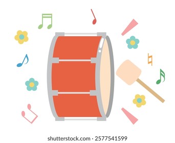 A cute illustration combining a large drum and musical notes.