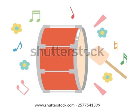 A cute illustration combining a large drum and musical notes.