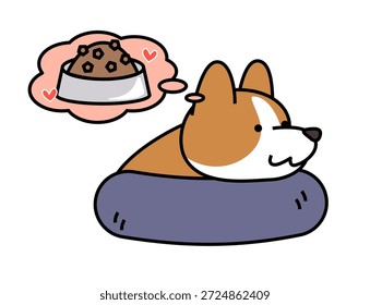 Uma ilustração fofa de um Corgi olhando para a frente para sua refeição.