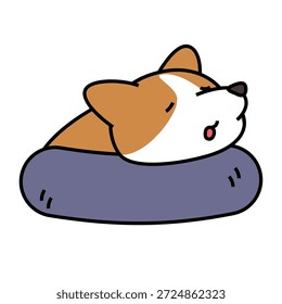 Uma ilustração fofa de um corgi deitado e relaxando em uma almofada.