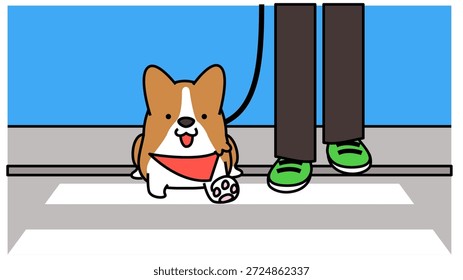 Uma ilustração fofa de um Corgi ao lado de seu dono em uma faixa de pedestres.