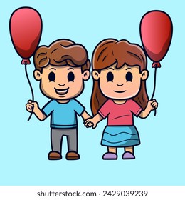 Ilustración linda Pareja sosteniendo el amor globo de dibujos animados icono del personaje. Concepto de icono de negocio. Estilo de dibujos animados planos