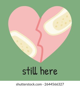 Cute illustration of a cracked heart with healing bandages. Represents emotional recovery and resilience after hurt. Perfect for self-care content, therapy visuals, and awareness campaigns.