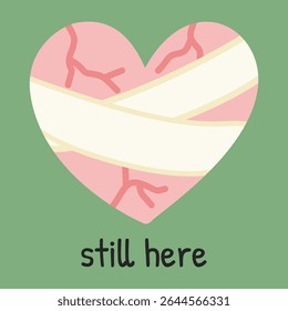 Cute illustration of a cracked heart with healing bandages. Represents emotional recovery and resilience after hurt. Perfect for self-care content, therapy visuals, and awareness campaigns.