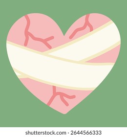 Cute illustration of a cracked heart with healing bandages. Represents emotional recovery and resilience after hurt. Perfect for self-care content, therapy visuals, and awareness campaigns.