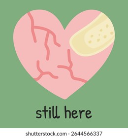 Cute illustration of a cracked heart with healing bandages. Represents emotional recovery and resilience after hurt. Perfect for self-care content, therapy visuals, and awareness campaigns.
