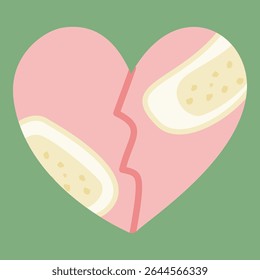 Cute illustration of a cracked heart with healing bandages. Represents emotional recovery and resilience after hurt. Perfect for self-care content, therapy visuals, and awareness campaigns.