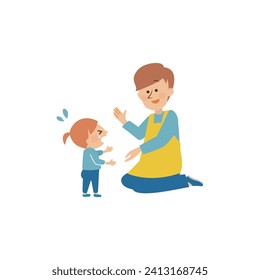 Cute illustration of a crying child and a nursery teacher listening to their story