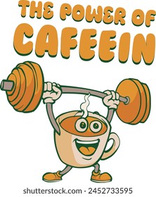 cute illustration, cup of coffee at the gym. doing weightlifting and additional text, suitable for printing on t-shirts, stickers, posters.