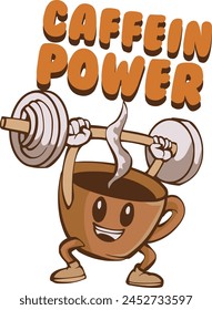 cute illustration, cup of coffee at the gym. doing weightlifting and additional text, suitable for printing on t-shirts, stickers, posters.