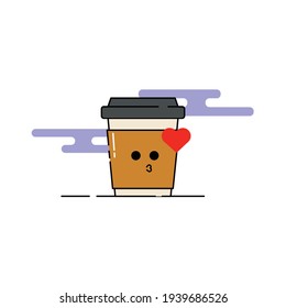 Cute Illustration of a cup of coffee with kissing face. modern simple drink vector icon, flat graphic symbol in trendy flat design style.