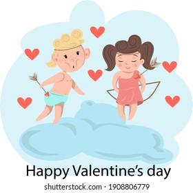 cute illustration with cupids in love and red hearts on a blue background