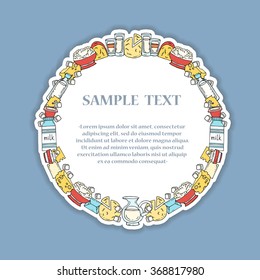 Cute illustration of decorative frame with hand drawn dairy products, milk. Frame on the theme of food and drink. Vector background for use in design
