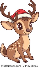 cute illustration of a deer with a christmas hat, cartoon vector illustration isolated on white