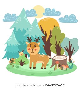 Cute illustration of a deer in the forest. Vector children's scene.