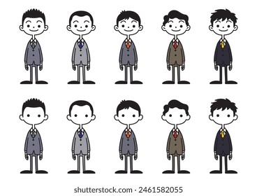 Cute illustration of deformed man with various hair styles.