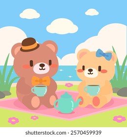 Cute illustration depicts a cute bear couple enjoying a tea picnic by the seaside. Adorable bear picnic in a peaceful coastal setting.