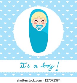 Cute illustration design of newborn baby boy wrapped in blue blanket with text "it's a boy!"