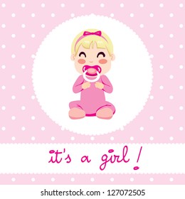 Cute illustration design of newborn baby girl in pink onesie sitting with text "it's a girl!"