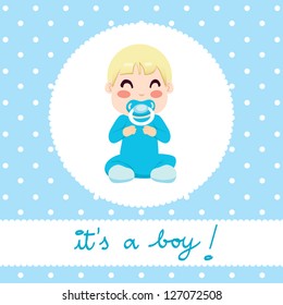 Cute illustration design of newborn baby boy in blue onesie sitting with text "it's a boy!"