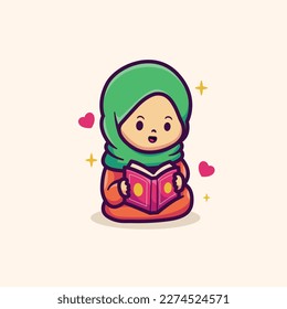süße Illustration-Design eines kleinen Kindes, einer muslimischen Frau, Ramadan liest Koran