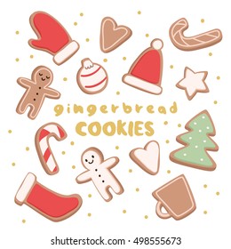 cute illustration with different shapes gingerbread cookies on white background. can be used like template for greeting cards and party invitations or for posters