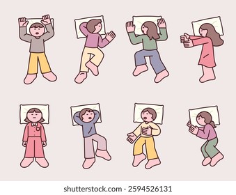 Cute illustration of different sleeping positions, showing various ways people rest in bed. Cozy and relaxing atmosphere.