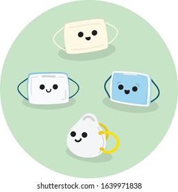 Cute Illustration of Different Type of Masks. Two-Ply Paper, Three-Ply Surgical Mask, and N95