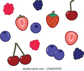 Cute illustration of different types of berries. Cute strawberries, blueberries, cherry and raspberries. Cute illustration of fruits. Strawberry, cherry, raspberry and blueberry.