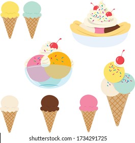 Cuidada ilustración de diferentes tipos de helados. preciosos helados. Vainilla, chocolate, fresa, limón, plátano, menta y naranja sabores. cereza en la cima. La cereza linda encima.