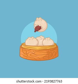 Cute illustration of dimsum in basket on blue background, japanese food