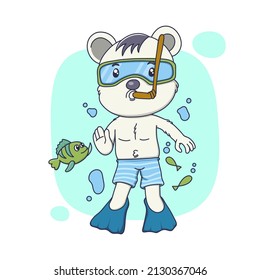 cute illustration of a diving bear, suitable for stickers and t-shirts