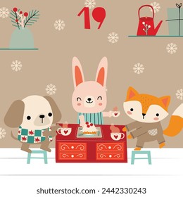 Cute illustration of a dog, a hare and a fox sitting at the table and drinking tea with pie.Advent calendar. Christmas