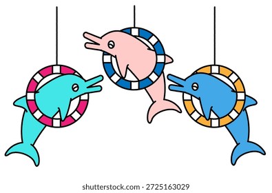 Eine süße Illustration von Delfinen, die in einem Aquarium durch Reifen springen.